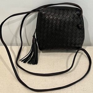 Woven Leather Aspects By Lisette Cross Body Bag Purse - Deep Brown with Tassel